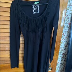 Guess Black Long Sleeve Fringe Dress